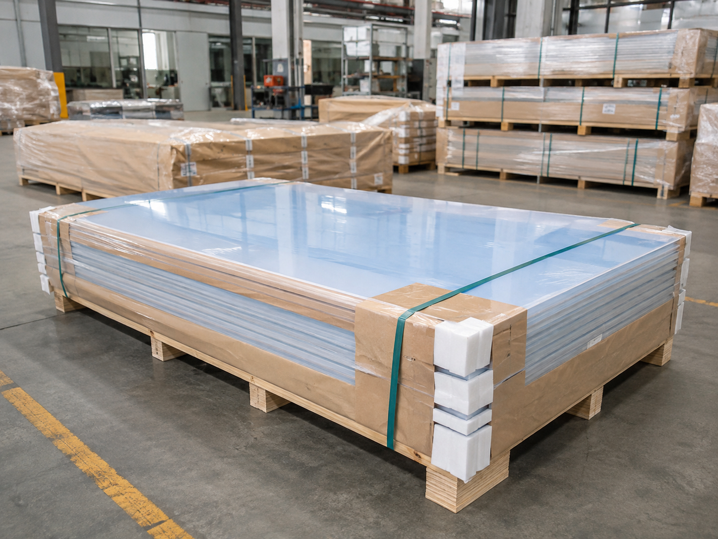 Solid polycarbonate sheets protected and packed on export pallets