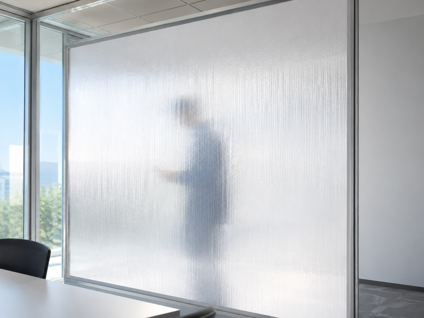 Textured polycarbonate privacy panel diffusing daylight in an office